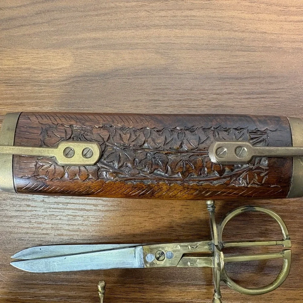 VINTAGE India Hand Carved Wood and Brass Letter Opener Scissors and Knife Set